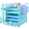 TSDRBWO Desk Organiser File Holder With 2 Pen Holder, 5 Tier Paper Letter Tray Organiser with Drawer,Mesh Desktop Storage with Magazine Holder for Office Supplies, Sky Blue