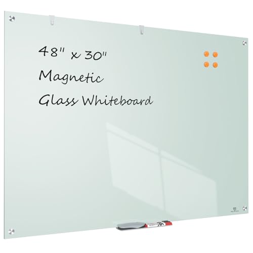 TSJ OFFICE Glass Dry-Erase Board - 48 x 30 Inches Wall Mounted Magnetic Whiteboard, Large Frameless Glass White Board for Office, Home & School
