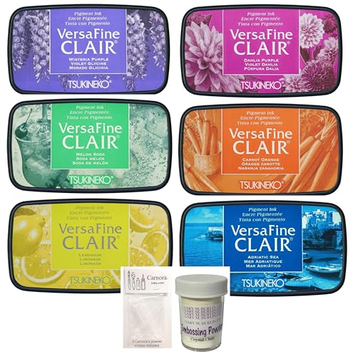Tsukineko VersaFine Clair Pigment Ink Pads, 6 Colors, 2026 Release, Melon Soda, Wisteria Purple, Lemonade, Adriatic Sea, Carrot Orange, Dahlia Purple, Burlin Clear Embossing Powder, 3 Carnora Scoops