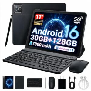 TT.KIDS 11 Inch 2 in 1 Android 16 Tablet with Keyboard Mouse Pen Case, 30GB RAM 128GB 1TB Expandable, 7800mAh Battery, HD Screen Widevine L1, Dual Cameras Face Unlock, WiFi 6 BT 5.4 Tablets Bundle