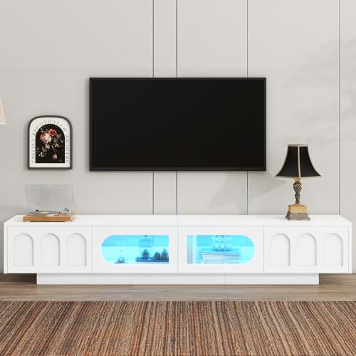 TV Stand with Fluted Tempered Glass Doors for TVs Up to 95'', Functional Media Console with Arched Cabinet Doors, Entertainment Center with APP-Controlled LED Light for Living Room, White