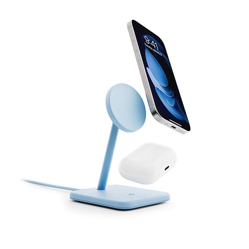 Twelve South HiRise 2 Deluxe 2-in-1 Wireless Charging Station for Apple Devices Qi2 MagSafe Charger, Quick Charger Stand for iPhone 15 14 13 12 11 Pro & Max Series AirPods Pro/3/2, Glacial Blue