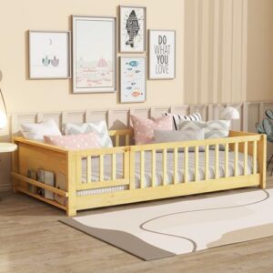 Twin Floor Bed, Kids Bed Frame, Wood Floor Bed with Fence and Book Rack, Natural Platform Bed with Slats, Revolving Door, Guardrails for Compact Rooms, No Box Spring Needed