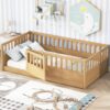 Twin Floor Bed with High Fence and Door, Kids Montessori Floor Bed, Twin Floor Bed Without Slats(Natural Twin)
