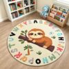 TWINNIS Kids Animal Print Round Rug for Playroom, Alphabet Washable Area Rugs for Boy Girl Baby Toddler Children, 5x5 Cute ABC Mat Play Carpet Nursery Bedroom Decor, Sloth