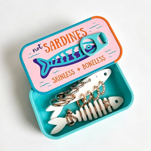Twohua Travel Jewelry Organizer Case Unique Sardines Storage with Fishbone Jewelry Stand for Necklaces Earrings Rings Brooches Pendants Charms Holders Small Box for Girls Women Gift (Sky Blue)