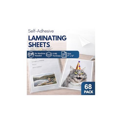 T&W SAME FILM Self Adhesive Laminating Sheets, 4mil, 9 x 12 Inch No Heat Laminating Sheets, Self Sealing Laminating Sheets for Laminator, Round Corner, No Heat, No Machine Needed-68 Pack
