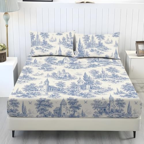 Txsniver 3 Pcs Twin Size Polyester Fitted Sheet Set, Chateau Toile Print, Soft Cozy All-Season Bedding Set with 1 Fitted Sheet and 2 Pillowcases, Breathable Comfy Sheets for Bedroom