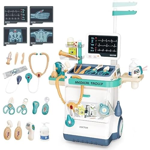 TXT-MATRIX 26-Piece Pretend Play Doctor Kit with Medical Trolley, Light-Up Sound Effects Stethoscope Thermometer Set, Interactive Hospital Role-Play Cart Toy, for Pretend Play Fans