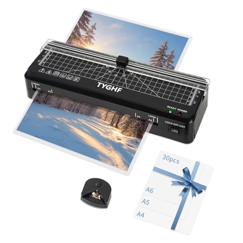 TYGHF Laminator Machine with 30 Laminating Sheets (A4/A5/A6), 4-in-1 Thermal and Cold Lamination Machine with Built-in Paper Trimmer and Angle Scale, 2-Min Warm-up Laminator for Home Office Black