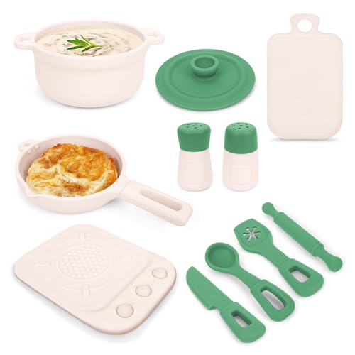 TYRY.HU 11Pcs BPA Free Kids Play Kitchen Accessories Toy, Silicone Pretend Play Food Sets,Cooking Toys Set with Pots & Pans,Pretend Cooking Toys, Montessori Learning Gifts for Toddlers 1-3,Green