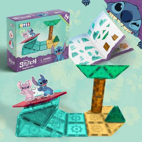 Tytan Official Disney Stitch Magnetic Tile Set - 44-Piece STEM Toy with Reusable Stitch & Angel Reusable Sticker Sheet and Instruction Manual - Educational and Creative Building Set for Kids 3+