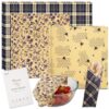 Tyzarglef 6 Pack 4L & 2XL Reusable Beeswax Wraps for Food, Reusable Beeswax Food Wraps for Bread, Cheese, Fruits, Zero Waste, Plastic-Free Storage, Natural Cotton with Plaid, Floral & Bee Patterns