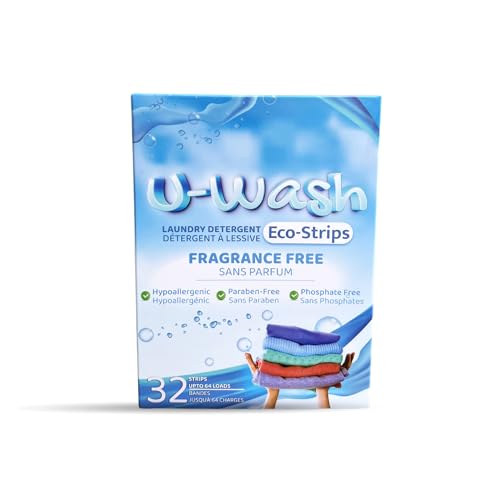 U-Wash Laundry Detergent Strips, Eco-friendly Compact & Dry, Non-Toxic, Hypoallergenic, Biodegradable, Liquidless Laundry Detergent,Travel Laundry Sheets (32 Count, Fragrance- Free)