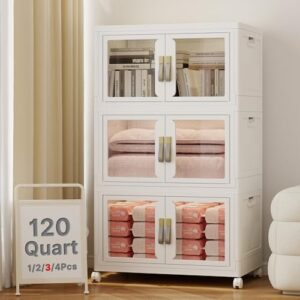 UAMFURI Stackable Storage Bins with Lids, Clear Doors, Large Storage Cabinet Foldable Collapsible Closet Organizers for Bedroom Dorm Office (3, White, 120, Quarts)