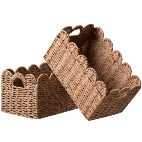 UBBCARE 2 Pack Wicker Basket, 13.4L×8.3H×7.1W inch Woven Paper Rope Storage Baskets for shelves, Foldable Rectangular Storage Baskets with Handle, Storage Basket for Organizing, Camarel