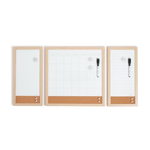 U Brands Dry Erase Monthly Calendar White Board Set, Family Calendar Magnetic Whiteboard 3 Piece Set, Monthly Calendar, To-Do List, & Reminder Board, Includes Markers, Push Pins, & Magnets, Wood Frame