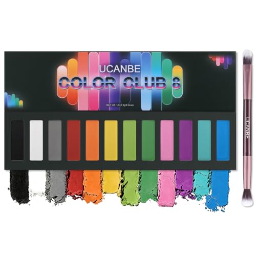 UCANBE Colorful Eyeshadow Palette, 12 Colors Vibrant Makeup Palette with Black White Gray Red Orange Yellow Green Pink Purple Blue, High Pigment Eye Makeup for Halloween, Cosplay, Festival, Party