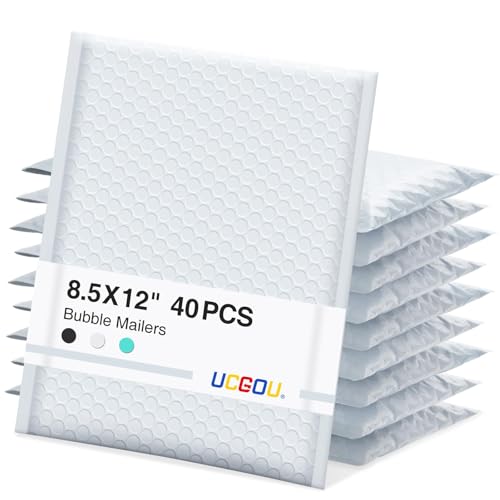 UCGOU Bubble Mailers 8.5x12 Inch 40 Pack Usable Size 8.5x11 Inch White Padded Envelopes Medium Waterproof Packaging Bags for Shipping Self Seal Strong Adhesive Envelopes for Jewelry Makeup Supplies