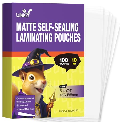 Uinkit 10Mil Matte Self Seal Laminating Pouches, 10Mil Thick Matte Finish Double-Sided, Bulk No-Glare Sleeves for Art Reproductions, Professional Certificates, No Laminator Needed