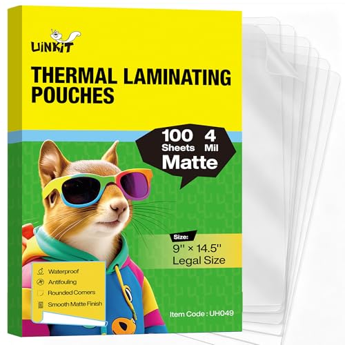 Uinkit 4Mil Matte Legal Size Laminating Pouches, 8.5x14 Inches, 100Pack, Bubble-Free, Crystal Clear Thermal Laminating Sheets for Documents, Menus, Certificates & School/Office Use