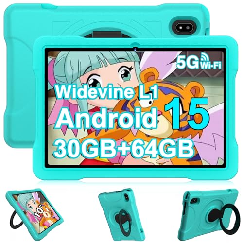 UJJ Kids Tablet 10 Inch Android 15 Tablets, 30GB RAM 64GB ROM 1TB Expand, Octa-Core Tablet with Gemini AI, 6000mAh, 5G WiFi, HD IPS Display, Widevine L1, Parental Control, Drop-Proof EVA Case - Green