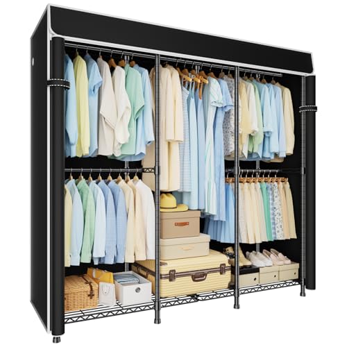 ULIFHOME E14C Heavy Duty Closet Organizer System,Freestanding Clothing Racks for Hanging Clothes,Adjustable Garment Rack 58" W × 16" D × 77" H Hold 860 lbs,Black Rack with Black Dustproof Cover