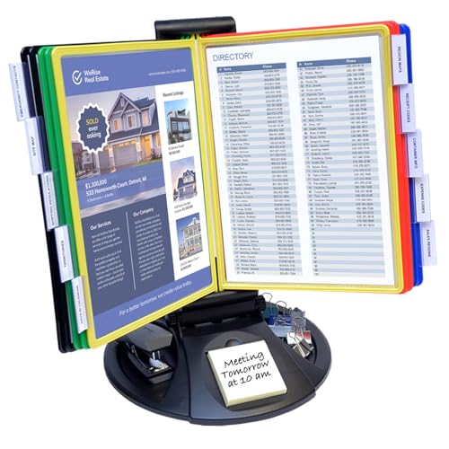 Ultimate Office AdjustaView 10-Pocket Desk Reference Organizer with Supplies Storage Base and EZ-LOAD Pockets to Hold 20 Sheets of Paper, Includes Fast Find Indexing Tabs (Colored Pockets)