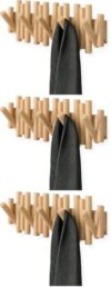 Umbra Picket Wall-Mounted Coat Rack Rail Hook with 5 Retractable Wood Pegs – Modern, Space-Saving Storage Organizer, Natural (Pack of 3)