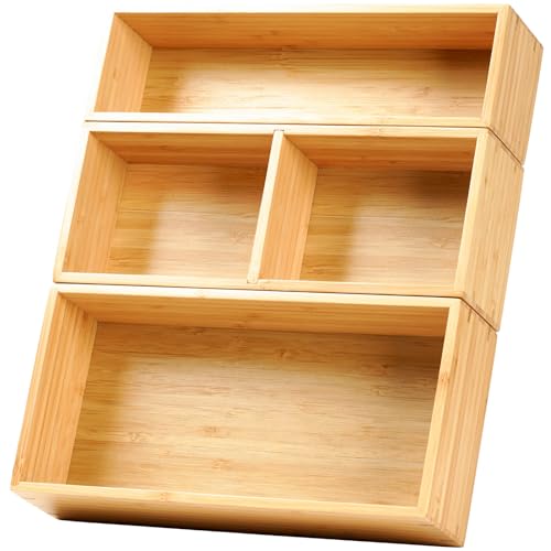 Umilife Drawer Organizer Storage Boxes, 2.5" High Bamboo Drawer Dividers, 3 Rearrangeable Bins for Kitchen, Office Desktop, Clothing, Makeup, vanity, Jewelry
