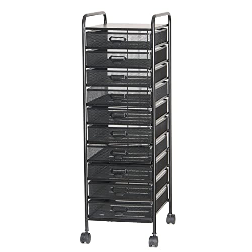 UMJIGF Rolling File Cabinet Utility Cart,High Capacity Rolling File Cabinet Utility Cart with 10 Drawers, Metal Mesh Art Craft on Wheels for Office/Home Storage,Black-29x38x91cm