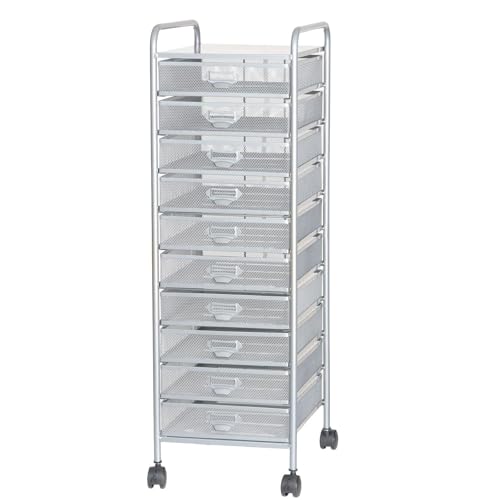 UMJIGF Rolling File Cabinet Utility Cart,Rolling File Cabinet Utility Cart with 10 Drawers, High Capacity Storage Art Craft Organizer On Wheels, Metal Mesh Tool Box for Office/H,Silver-29x38x91cm