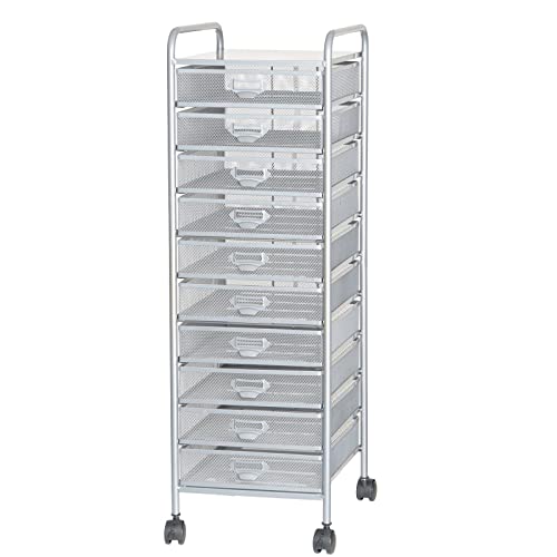 UMJIGF Rolling File Cabinet Utility Cart,Rolling File Cabinet Utility Cart with 10 Drawers High Capacity Storage Organizer for Art Craft Metal Mesh Tool Box on Wheels for Home O,Silver-29x38x91cm