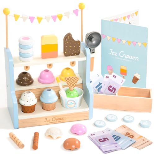 UMU® Wooden Ice Cream Shop Playset for Kids - 37 Piece Ice Cream Stand Pretend Play Toy with Menu, Play Money, Scoops & Accessories, Toy Food Set for Ages 3 4 5 6