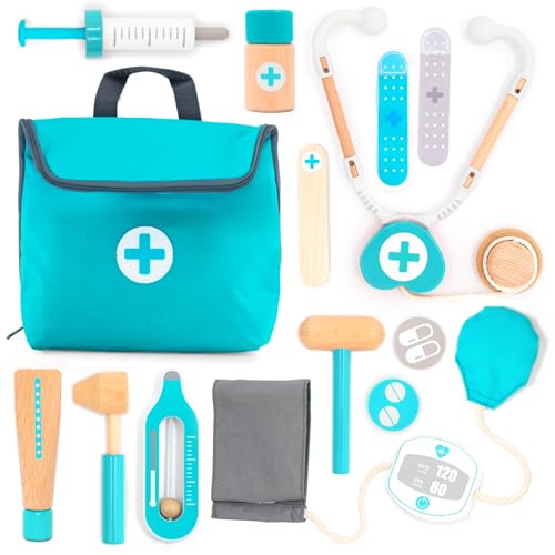 UMU® Wooden Mini Doctor Kit for Kids – 14 pcs Medical Playset for Toddlers with Stethoscope, Syringe, Doctor Bag, Blood Pressure Cuff & More – Pretend Play Set for Boys and Girls Ages 3 4 5 6