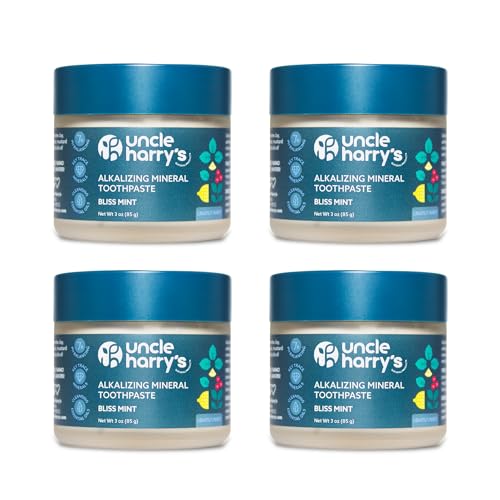 Uncle Harry’s Natural Products Bliss Mint Toothpaste 4 Pack (3 oz) – Alkalizing Mineral Tooth Powder, Fluoride-Free Natural Oral Care, Fresh Breath, Supports Healthy Teeth & Gums, Herbal Formula