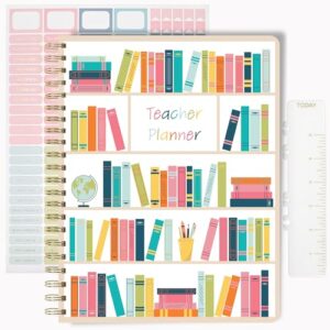 Undated Teacher Planner 8.5 x 11-12 Months & 52 Weeks | Colorful Bookshelves Cover | Monthly & Weekly Lesson Plan Book with Stickers, Storage Pocket & Snap-In Bookmark | Classroom Organizer