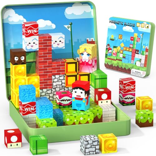 Uneviesyka Magnetic Blocks - 49Pcs Magnetic Building Cubes Travel Toys with Portable Tin STEM Montessori Sensory Educational Construction Toys Birthday Easter for Kids Boys Girls Toddlers Age 3-8