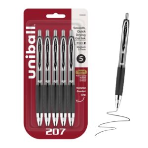 uniball™ 207 Gel Pens, Black Ink, 0.7mm Medium Point, Retractable, 5 Count