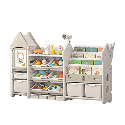 UNICOO® Magic Castle Kids Toy Storage & Bookshelf Organizer with 14 Easy-Pull Bins, Durable HDPE Material, Multifunctional Play Collection with Painting Board & Telescope, Children's Bookcase (White)