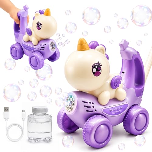 Unicorn Automatic Bubble Machine for Toddler Kid Toy 3 4 5 6 7 8 Year Old Little Girl Boy Gift Lawn Mower Maker Blower Summer Outdoor Push Toys Easter Christmas Birthday Present