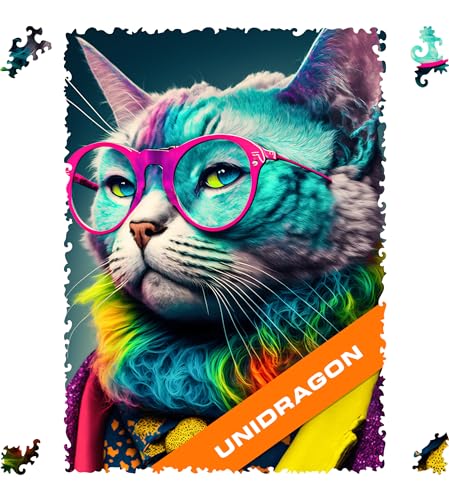 UNIDRAGON Criticat Animal Wooden Jigsaw Puzzle for Adults - 500 Unique Shaped Pieces - Pop Art Cat - 16.9 x11.4 in (43 x 29 cm)