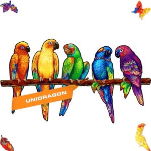 UNIDRAGON Playful Parrots Animal Wooden Jigsaw Puzzle for Adults - 193 Unique Shaped Pieces - Medium 17.3 x 9.8 in (44 x 25 cm)