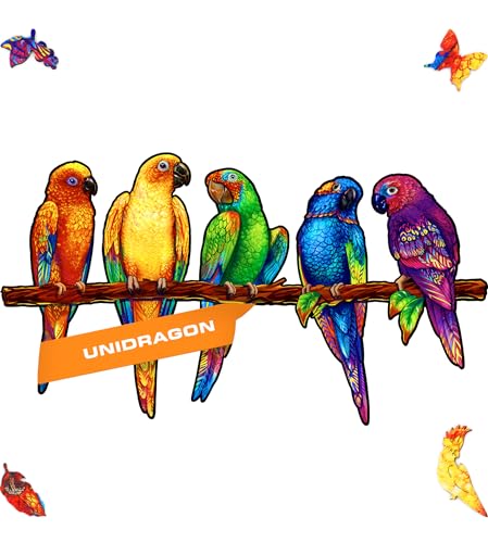 UNIDRAGON Playful Parrots Animal Wooden Jigsaw Puzzle for Adults - 193 Unique Shaped Pieces - Medium 17.3 x 9.8 in (44 x 25 cm)