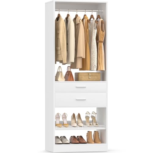 Unikito 25” W x 80'' H Closet Organizer Storage with Hanging Rod and 2 Wooden Drawer, Adjustable Angled Shoes Rack, Sturdy Garment Racks, Walk-in Closet Tower for Bedroom, Mudroom, and Entryway, White