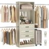 Unikito 48" W - 96” W Closet System with Mirror, 8FT Walk in Closet Organizer with Drawers and 3 Extendable Hanging Rod, Sturdy Wood Clothing Garment Rack with 25” Tower, Max Load 1000 LBS, White Oak