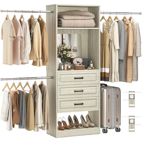 Unikito 48" W - 96” W Closet System with Mirror, 8FT Walk in Closet Organizer with Drawers and 3 Extendable Hanging Rod, Sturdy Wood Clothing Garment Rack with 25” Tower, Max Load 1000 LBS, White Oak