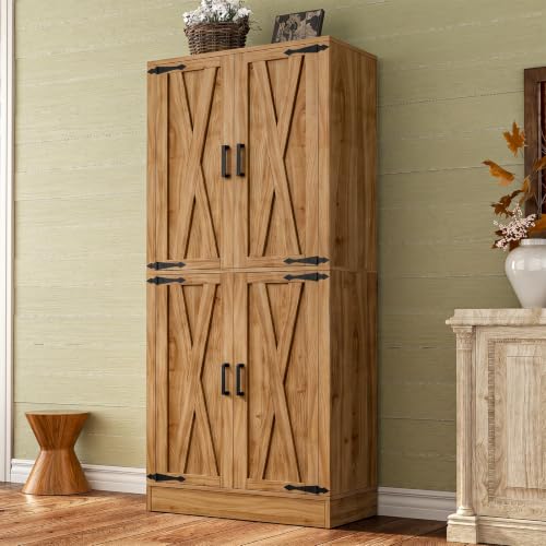 Unikito 71" Tall Kitchen Pantry Storage Cabinet with Farmhouse Barn Doors and Storage Drawer, 4 Adjustable Shelves, Freestanding Cupboard for Dining Room, Living Room, Utility Room, Natural