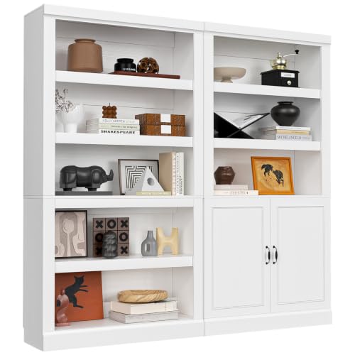 Unikito Double Wide Bookshelf, 71 Inch Tall Book Case with Storage Cabinet, 5 Tier Bookshelves and Bookcases, 63 Inch Large Display Shelves Stand for Living Room, Home Office, Bedroom, White