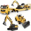 Unimoly Alloy Die-Cast Construction Vehicles Toys Set w/Semi Truck, Excavator & Bulldozer - Real Lights & Sounds, Movable Parts - Learning Toys Gift for 3-7 Year Old Boys Girls